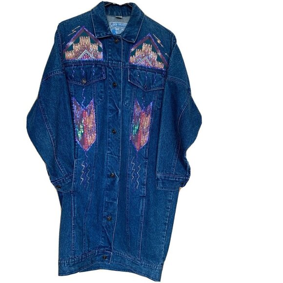 Vintage 80s Medium Acid Wash Denim Belma Button Trench‎ Coat Jean Jacket Duster - Picture 1 of 9